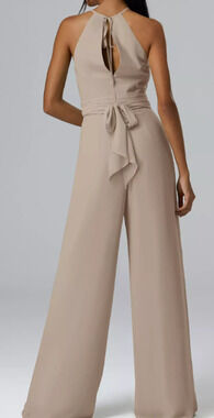 AW BRIDAL 4 S taupe chiffon Peggie halter keyhole wide leg jumpsuit NEW B37